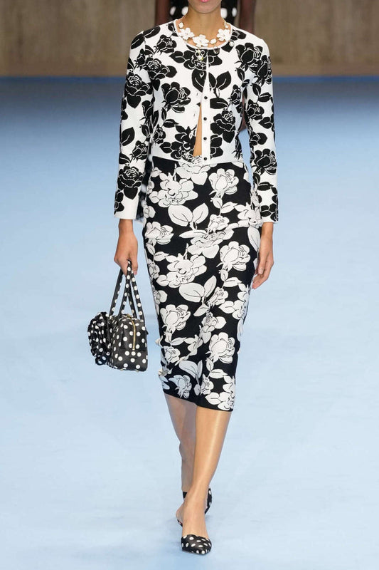 knit floral jacquard midi pencil cardigan skirt set