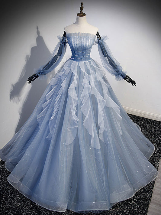 A-Line Tulle Gray Blue Long Prom Dress