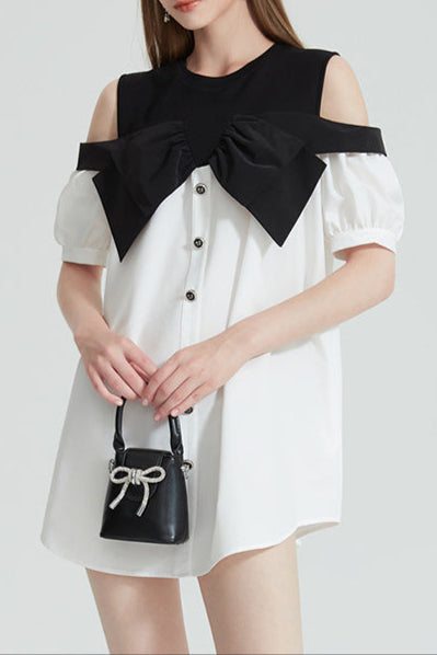 evelyn Off-shoulder contrast bow mini dress