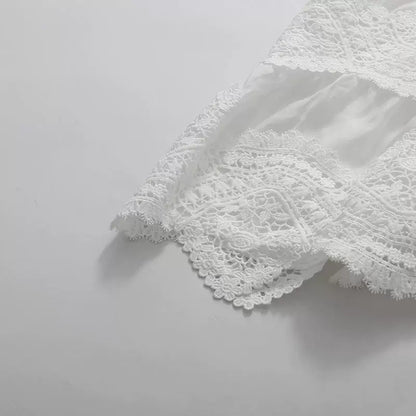 White Mandarin Collar Puff Sleeve Tiered Lace Midi Dress with Waist Sash