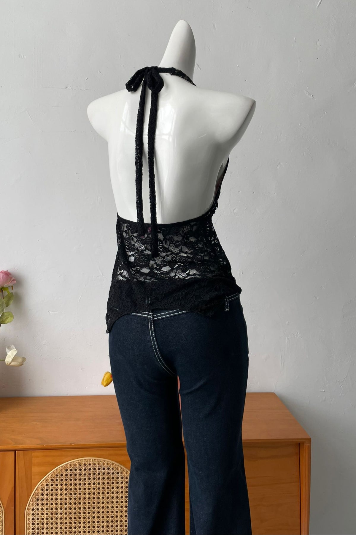 backless Sheer Lace Halter Top in black
