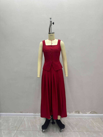 Burgundy Square Neck Sleeveless Button Vest &amp; Slit Pleated Midi Skirt Two-Piece Set
