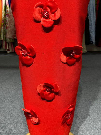 phoenix 3d flower sequin halter bandage maxi dress in red