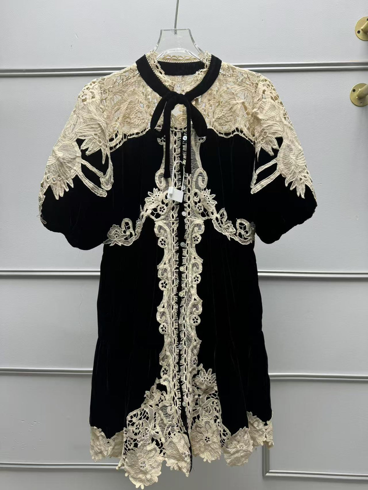 Black Velvet A-Line Babydoll Dress with Cream Lace Overlay