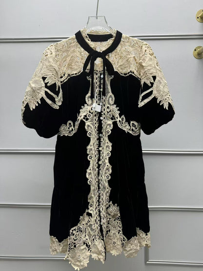 Black Velvet A-Line Babydoll Dress with Cream Lace Overlay
