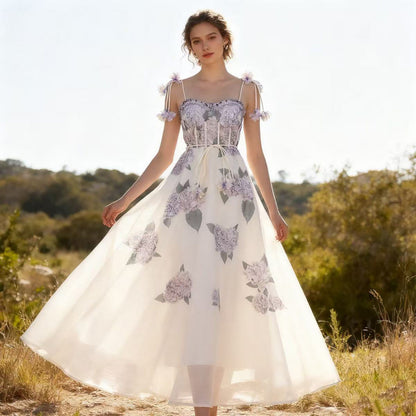 Pastel Floral Print Spaghetti Strap Midi Dress with 3D Flower Appliqués