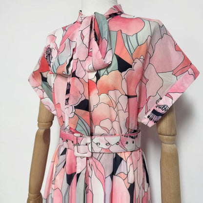 floral print silk organza maxi dress in pink-multi