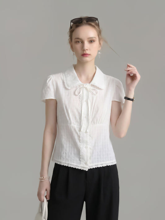 Scalloped Lace Peter Pan Collar Bow Tie Grid Short Sleeve Blouse