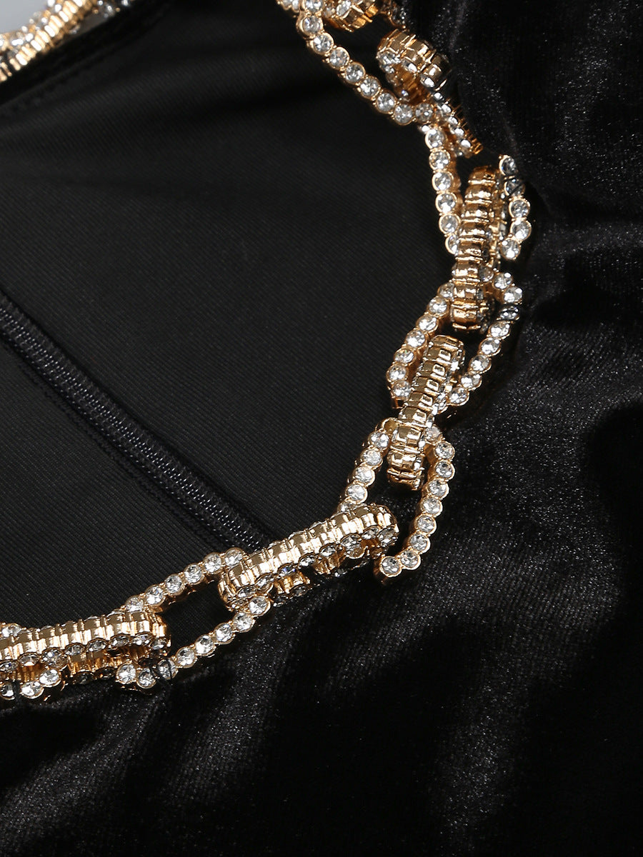 velvet crystal embellished maxi dress in black