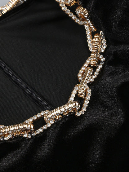 velvet crystal embellished maxi dress in black