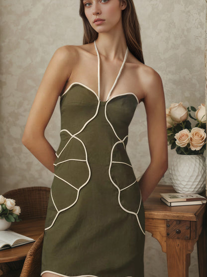 Olive Halter Sweetheart Contrast White Piping Bodycon Mini Dress
