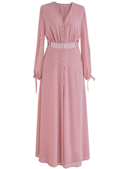 pink long-sleeved maxi dress