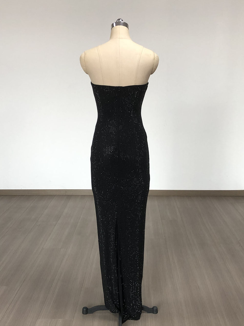 Strapless Rhinestone rose maxi dress in black
