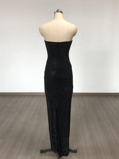 Strapless Rhinestone rose maxi dress in black