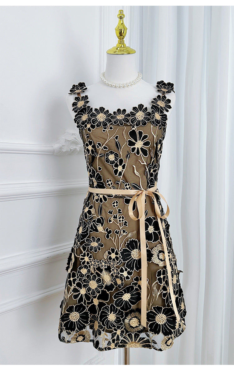 Black Embroidered Tulle Overlay A-Line Mini Dress