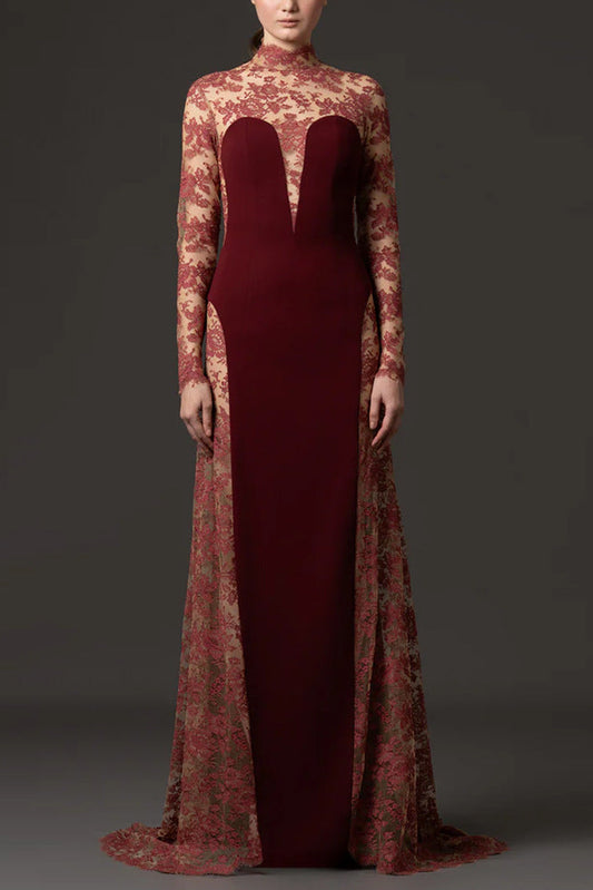 trista Mesh embroidery patchwork maxi dress - red