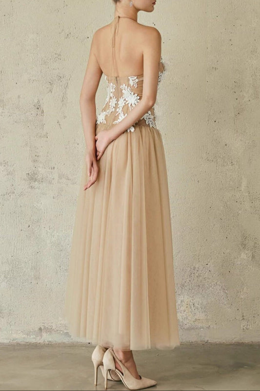 Sleeveless Three-Dimensional Flower Embroidery Parquet Crew Neck Long Dress