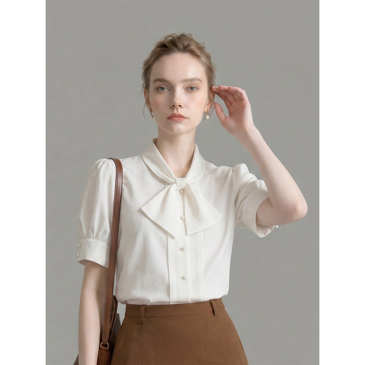 Bow Tie Neck Pearl Button Puff Short Sleeve Satin Blouse