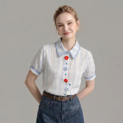 Lace Trim Striped Eyelet Shirt With 3D Floral Buttons