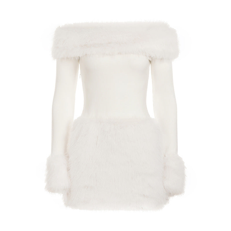 White Strapless faux fur slim mini dress
