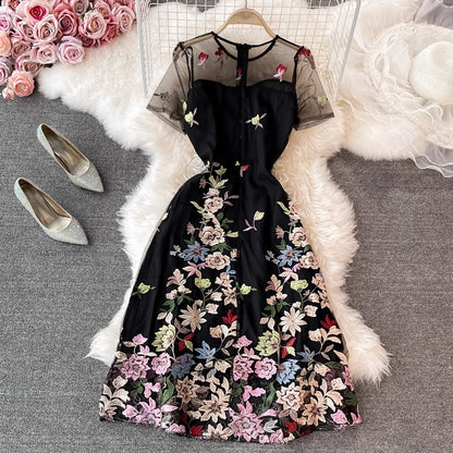 Black Floral Embroidery A-Line Midi Dress with Sheer Mesh Overlay