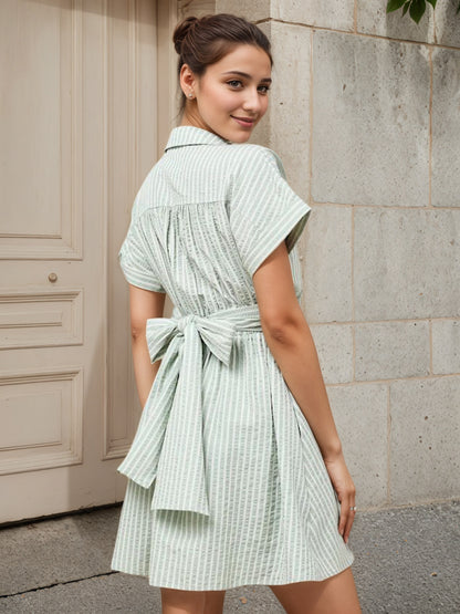 Mint White Stripe Collared Twist Waist Cutout Mini Shirt Dress