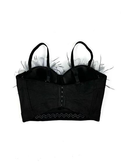 3D Floral Feather Spaghetti Strap Satin Corset Crop Top