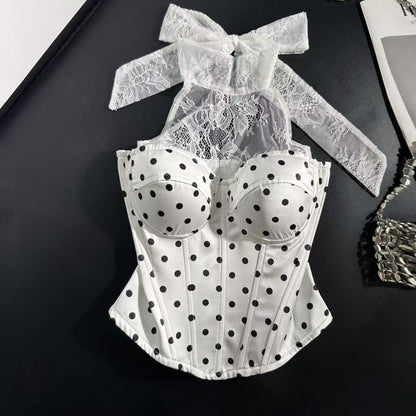 White Polka Dot Bustier Corset Top with Lace Halter