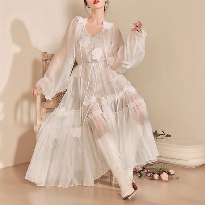 three-dimensional flower embroidery lace-up maxi dress