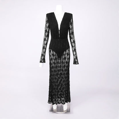 gwendolyn v neck hollow long sleeve lace maxi dress  in black