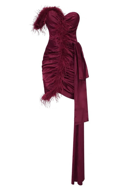 burgundy feather embellished strapless mini dress