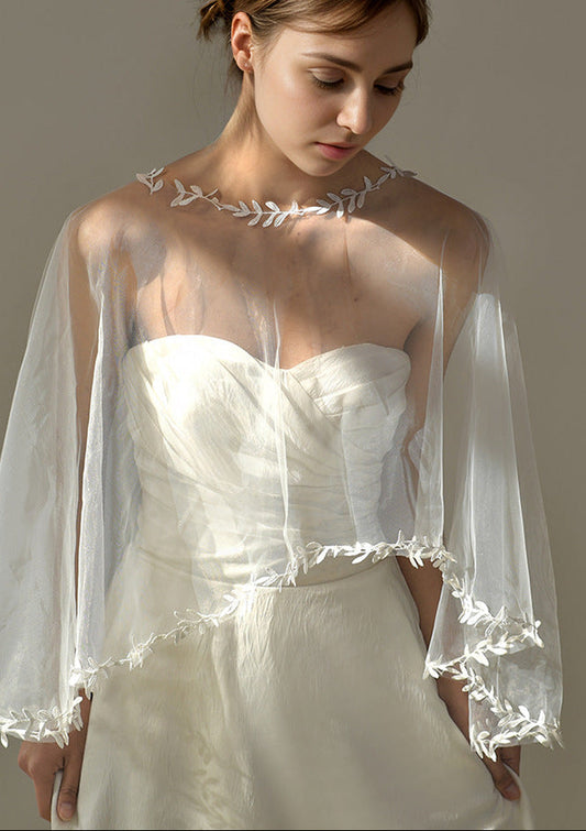 White Leaf Embroidery Sheer Tulle Bridal Cape Shrug