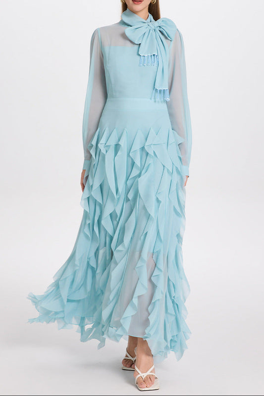bonnie blue Bow Neck Tiered Ruffle Maxi Dress