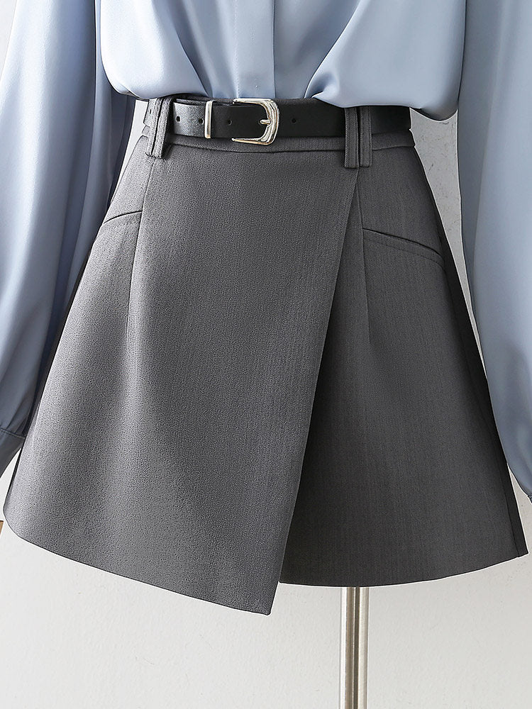 Grey High Waist Business Formal Mini Skort Irregular Wrap Design with Matching Belt