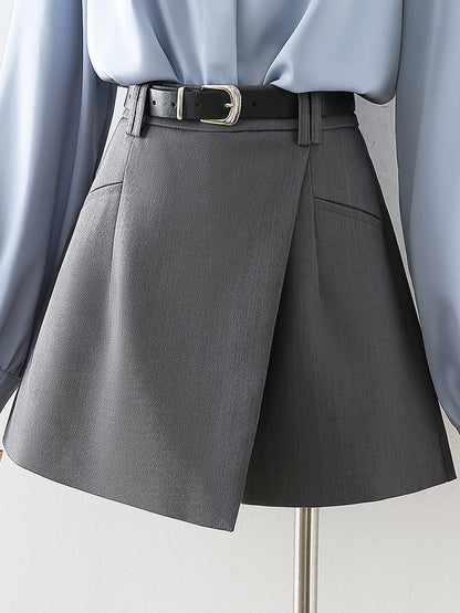 Grey High Waist Business Formal Mini Skort Irregular Wrap Design with Matching Belt