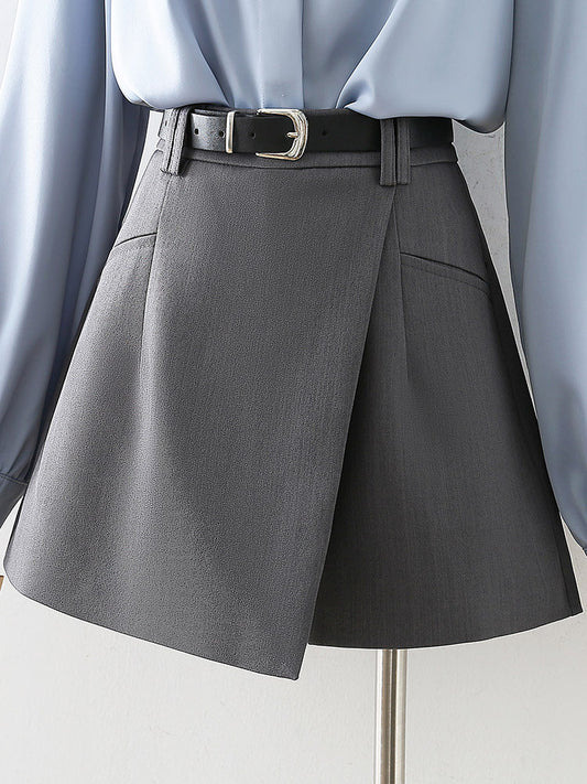 Grey High Waist Business Formal Mini Skort Irregular Wrap Design with Matching Belt