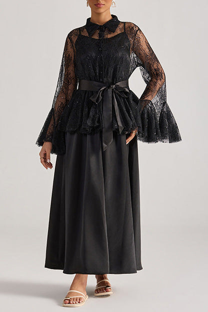 Tiffany black lace bell-sleeve ruffle embroidered top maxi skirt set
