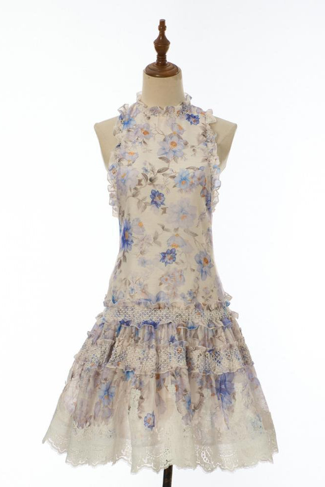 White Chiffon A-Line Tiered Drop-Waist Dress