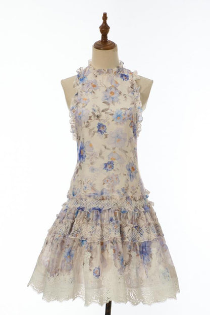 White Chiffon A-Line Tiered Drop-Waist Dress