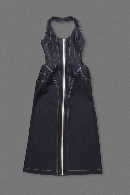 haltered corseted midi dress denim in navy blue