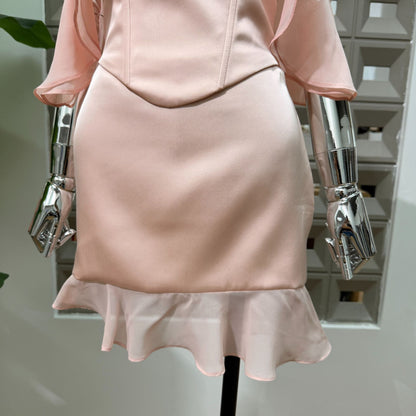 Pale Pink Satin Off‑Shoulder Two Piece Corset Mini Skirt Set