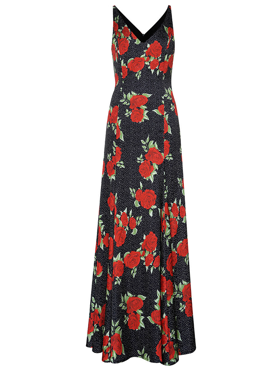 black red rose print slip mermaid dress
