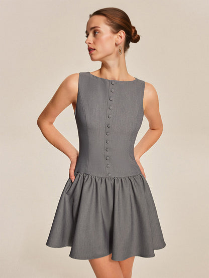 Grey Boat Neck Sleeveless Button Front Gathered Flare Mini Dress