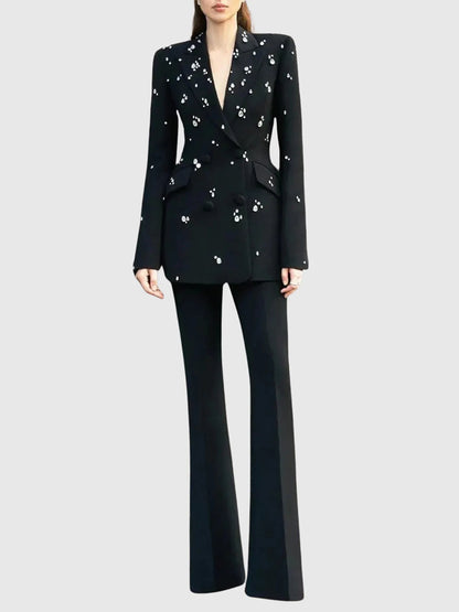 myra black Straight Flared Velvet Floor Length Pants rhinestone blazer set