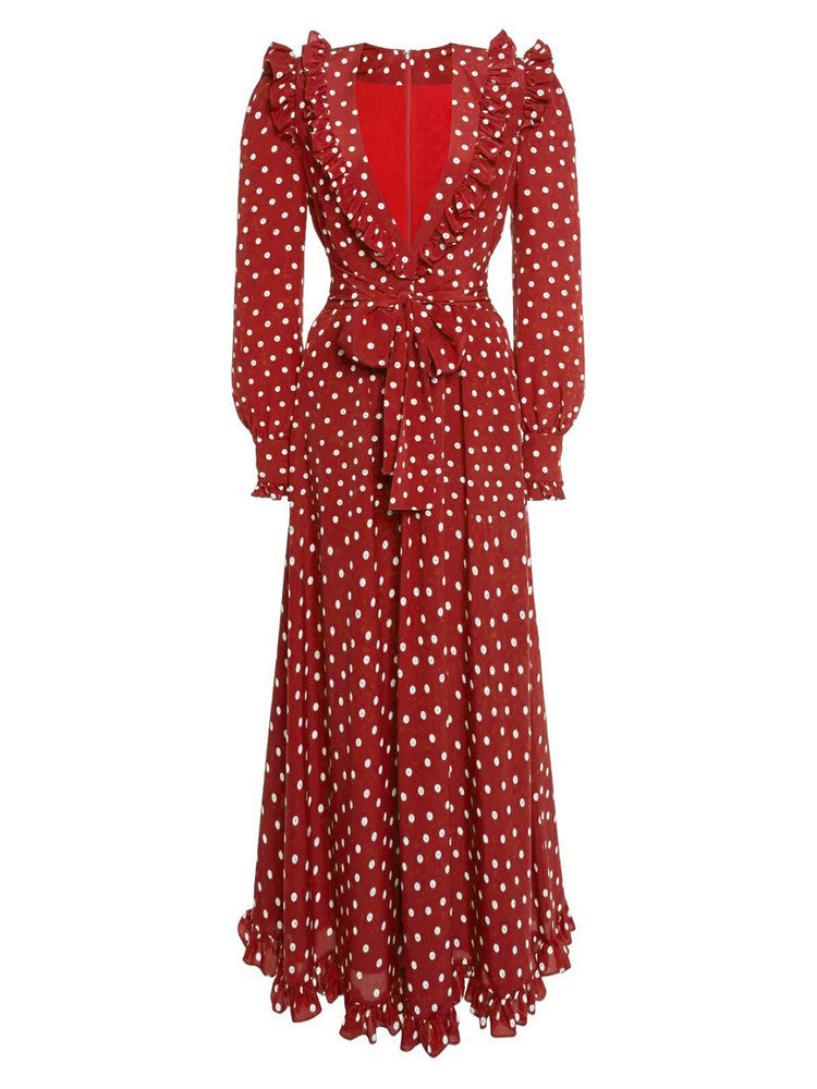 red long sleeve polka dot midi dress
