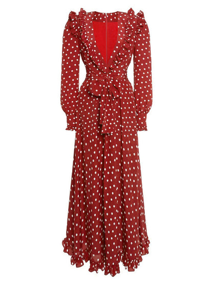 red long sleeve polka dot midi dress