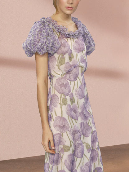 Puff sleeve floral skirt summer small fresh very fairy dress, purple summer thin long skirt gentle fungus side girl