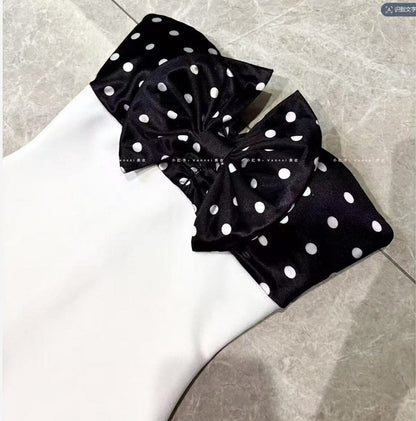 michaelia white Contour Sleeveless Polka Dot Contrast bow Bandage Mini Dress