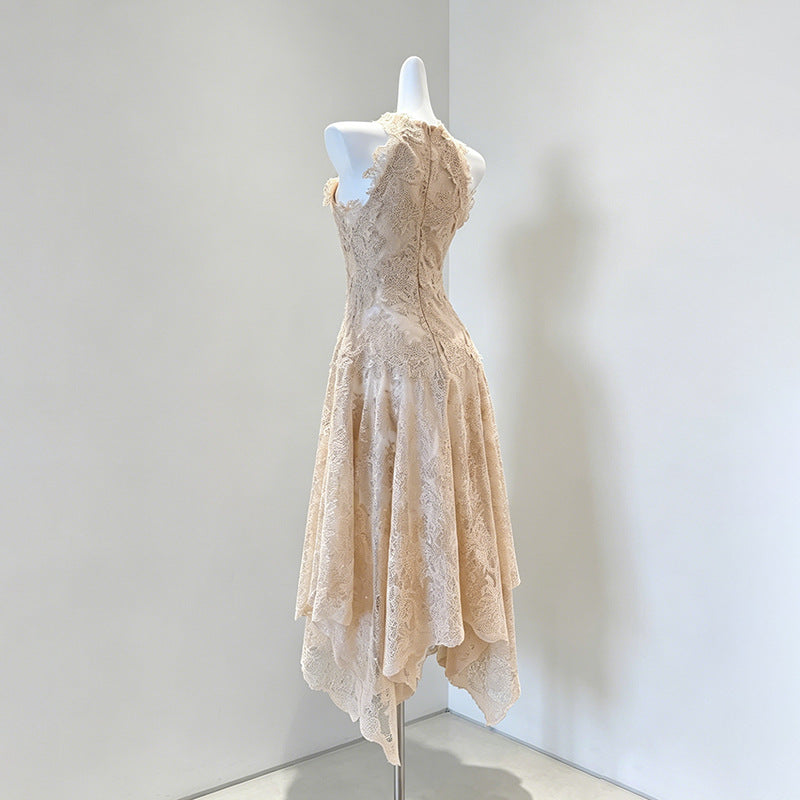 Beige Peach Floral Lace A-Line Midi Dress