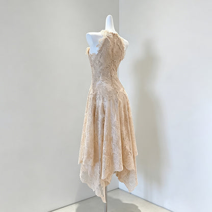 Beige Peach Floral Lace A-Line Midi Dress